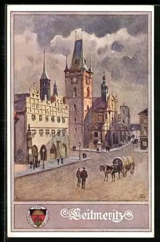 Künstler-AK Deutscher Schulverein NR: 221, Leitmeritz-Litomerice, Strassenpartie mit Pferdekutsche