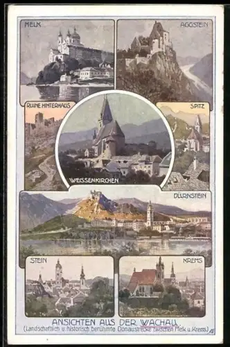 AK Weissenkirchen, Ortsansicht, versch. Ansichten aus der Wachau