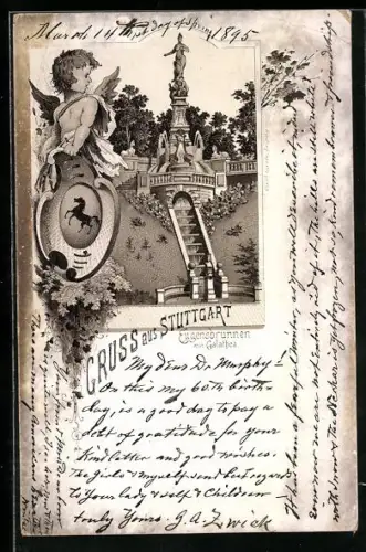 Vorläufer-Lithographie Stuttgart, 1895, Eugensbrunnen mit Galathea