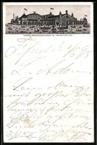 Vorläufer-Lithographie Frankfurt a. M., 1895, Blick zum Haupt-Personenbahnhof