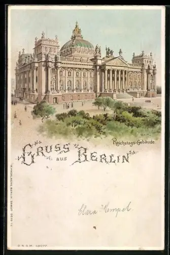 Lithographie Berlin-Tiergarten, Reichstags-Gebäude mit leuchtenden Fenstern, Halt gegen das Licht