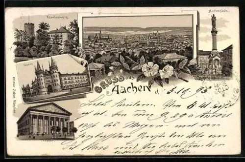 Vorläufer-Lithographie Aachen, 1895, Frankenburg, Mariensäule, Kaserne, Theater