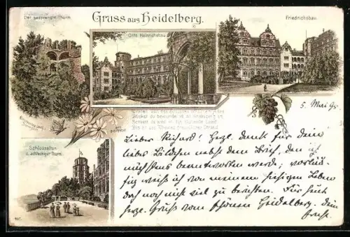 Vorläufer-Lithographie Heidelberg, 1895, Otto Heinrichsbau, Schlossaltar u. achteckiger Turm, Friedrichsbau