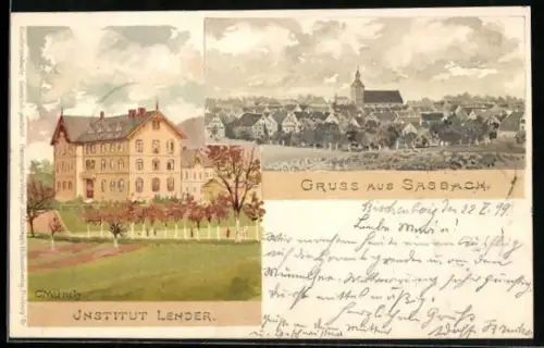 Künstler-Lithographie Carl Münch: Sasbach / Achern, Institut Lender