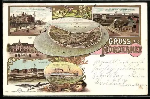 Lithographie Norderney, Kaiserstrasse, Seehospitz, Insel aus der Vogelschau, Dampfer Prinzessin Heinrich