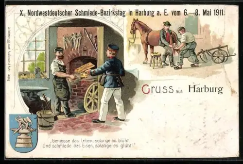 Lithographie Geniesse das Leben so lange es blüht, und schmiede das Eisen..., Schmiede-Innung