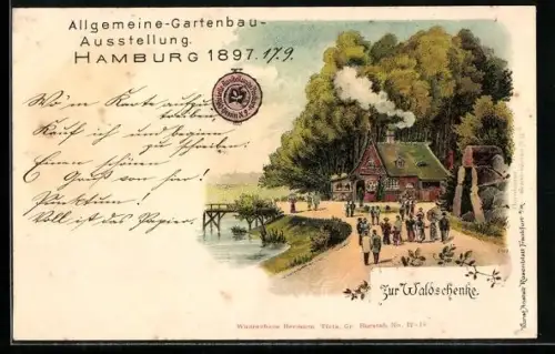 Lithographie Hamburg, Allgemeine Gartenbau Ausstellung 1897, Zur Waldschenke