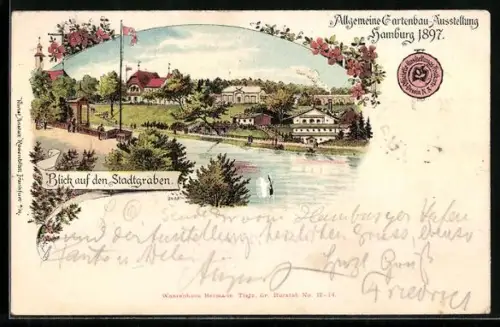 Lithographie Hamburg, Gartenbau-Ausstellung 1897, Stadtgraben