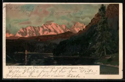Künstler-Lithographie Zeno Diemer: Wetterstein und Dreithorspitze vom Walschensee aus
