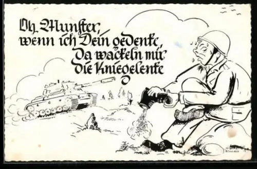 Künstler-AK Munster-Lager, Oh Munster, wenn ich Dein gedenke da wackeln mit die Kniegelenke, Bundeswehr, Manöver