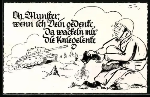 Künstler-AK Munster-Lager, Oh Munster, wenn ich Dein gedenke da wackeln mit die Kniegelenke, Bundeswehr, Manöver