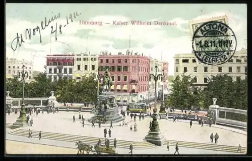 AK Hamburg, Partie am Kaiser Wilhelm Denkmal, Strassenbahn