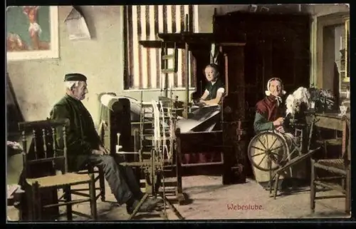 AK Familie beim Weben in der Stube mit Spinnrad