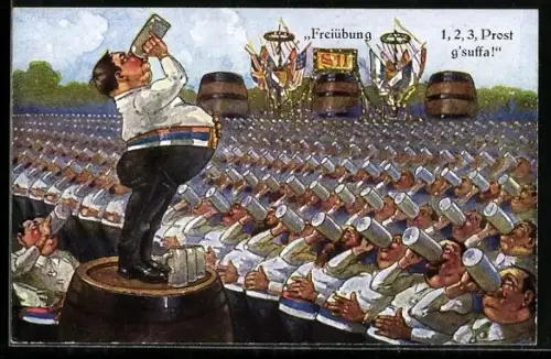 AK Dicker Mann auf Fass leert sein Bier, hunderte andere tun es ihm gleich, Paragraph 11
