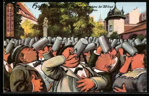 Künstler-Künstler-AK München, Königliches Hofbräuhaus, Männer mit Bierkrügen bei 35 Grad im Schatten