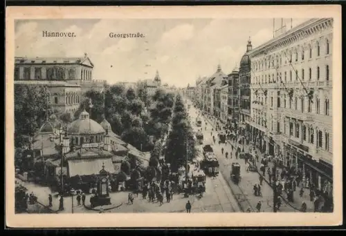 AK Hannover, Partie an der Georgstrasse mit Strassenbahn