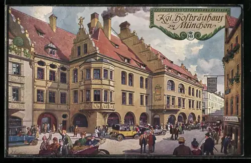Künstler-AK Fritz Quidenus: Kgl. Hofbräuhaus zu München, Aussenansicht mit belebter Strasse