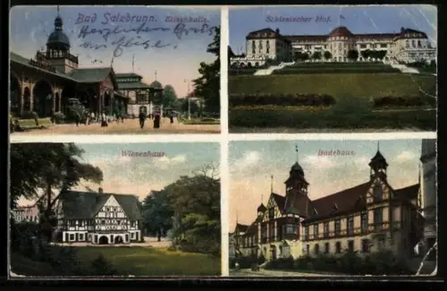 AK Bad Salzbrunn, Elisenhalle, Schlesischer Hof, Wiesenhaus, Badehaus