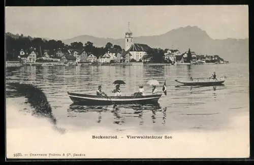 AK Beckenried /Vierwaldstätter See, Ruderboote mit Ausflüglern, Blick zur Kirche