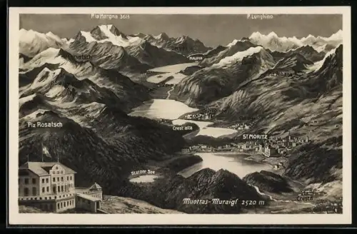 AK Muottas-Muraigl, Landkarte mit St.Moritz und Silvaplana