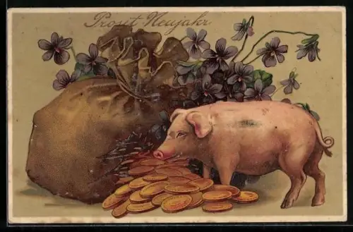 AK Schwein mit einem Sack Geld
