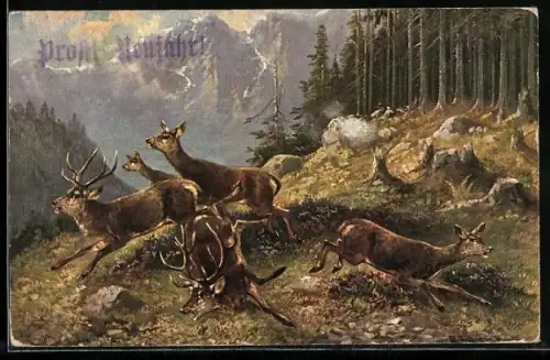 Künstler-AK M.Müller jun.: Hirsche und Rehe im Gelände, Jagd
