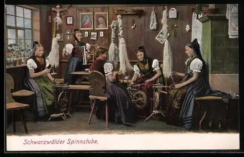 AK Schwarzwälder Spinnstube, Mädchen in Schwarzwälder Tracht an Spinnrädern