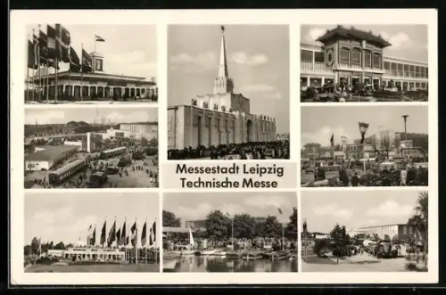 AK Leipzig, Technische Messe 1957, Verschiedene Ortsansichten und Gebäudeansichten auf dem Messegelände