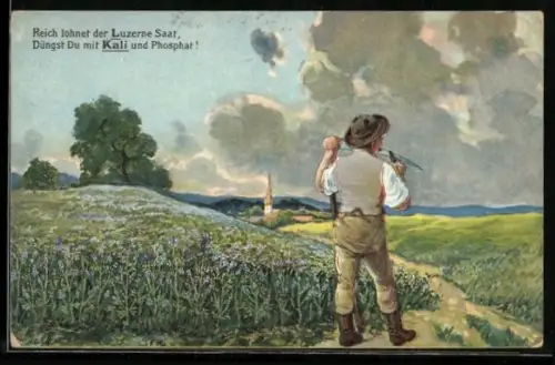 AK Düngst Du mit Kali..., Bauer mit Sense auf dem Feld, Reklame