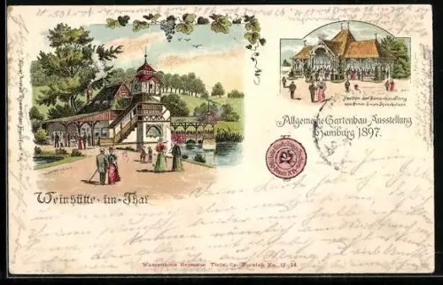 Lithographie Hamburg, Allgemeine Gartenbau-Ausstellung 1897, Weinhütte im Tal, Pavillon der Samenhandlung