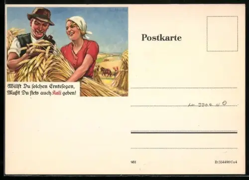 AK Reklame für Kali-Dünger, Bauern freuen sich über die Getreide-Ernte
