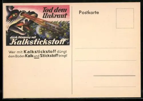 Künstler-AK Reklame Dünger, Tod dem Unkraut durch Düngung mit Kalkstickstoff