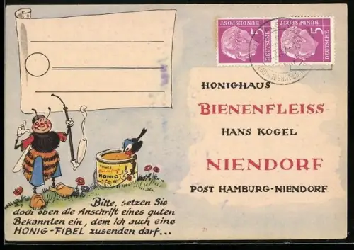 AK Niendorf, Honighaus Bienenfleiss v. H. Kogel, Reklame für Bienen-Fibel, Biene mit einer Tabakspfeife