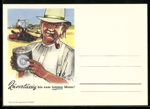 Künstler-AK Reklame Baumhüte Bindegarn, Zuverlässig bis zum letzten Meter