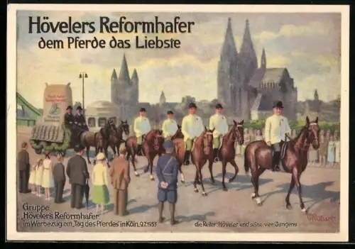 Künstler-AK Köln, Tag des Pferdes 1933, Reklame für Hövelers Reformhafer, Reiter im Werbezug