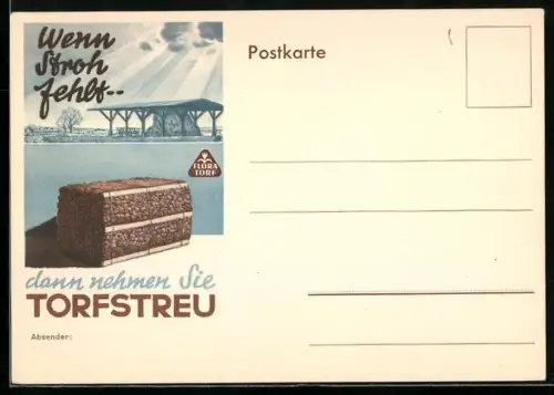 AK Reklame für Torfstreu als Einstreu für Tierställe