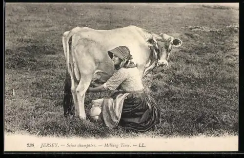 AK Jersey, Milking Time, Bäuerin beim Melken einer Kuh