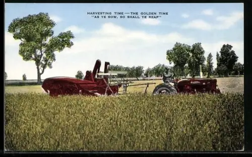 AK Harvesting Time, Bauer mit Schlepper - Traktor zieht eine Mähmaschine übe das Kornfeld