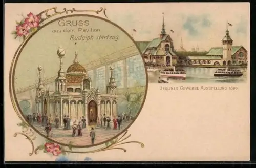 Lithographie Berlin, Gewerbe-Ausstellung 1896, Pavillon Rudolph Hertzog.