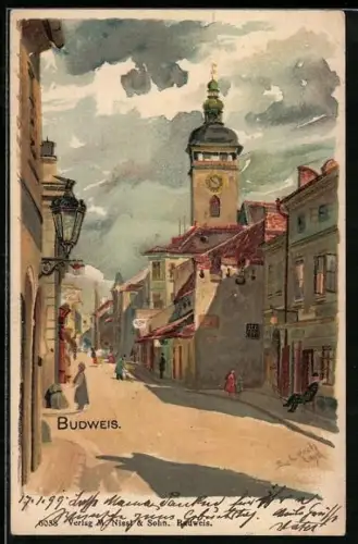 Künstler-AK Emil Czech: Budweis, Strassenpartie mit Gebäudeansicht
