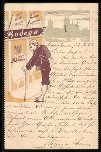 AK Bodega Wein, Mann steht vor einer Reklametafel, Silhouette von Köln