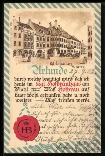 AK Münchner Hofbräuhaus, Urkunde