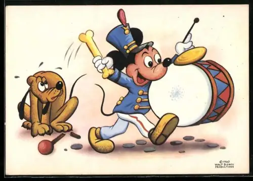 Künstler-AK Micky Maus als Teil einer Marschkapelle mit Pluto