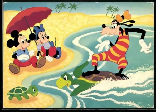 AK Comic, Mickey Mouse und Minnie Mouse beobachten Goofy, der auf einer Schildkröte surft