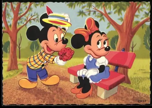 AK Comic, Walt Disney, Mickey Mouse schenkt Minnie Mouse einen Blumenstrauss