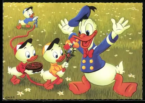 AK Comic, Walt Disney, Tick, Trick und Track schenken Donald Duck einen Blumenstrauss