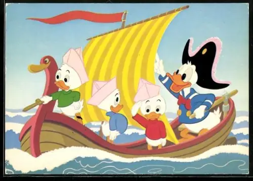 AK Walt Disney`s Comic, Donald Duck mit Tick, Trick und Track auf hoher See