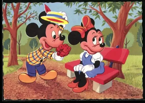 AK Comic, Walt Disney, Mickey Mouse schenkt Minnie Mouse einen Blumenstrauss