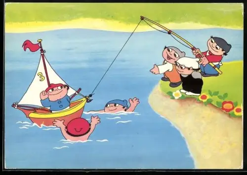 AK Mainzelmännchen angeln und segeln