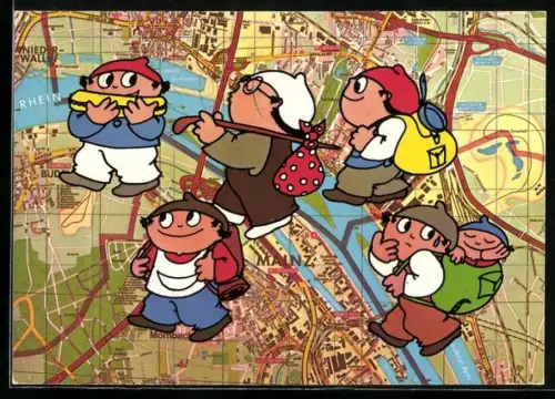 AK Mainzelmännchen auf Wanderschaft, Karte von Mainz